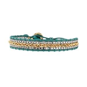 Stella & Dot Wrap Bracelet Silver & Gold Braided Teal Leather Cord Adj 6.5"-8.5"